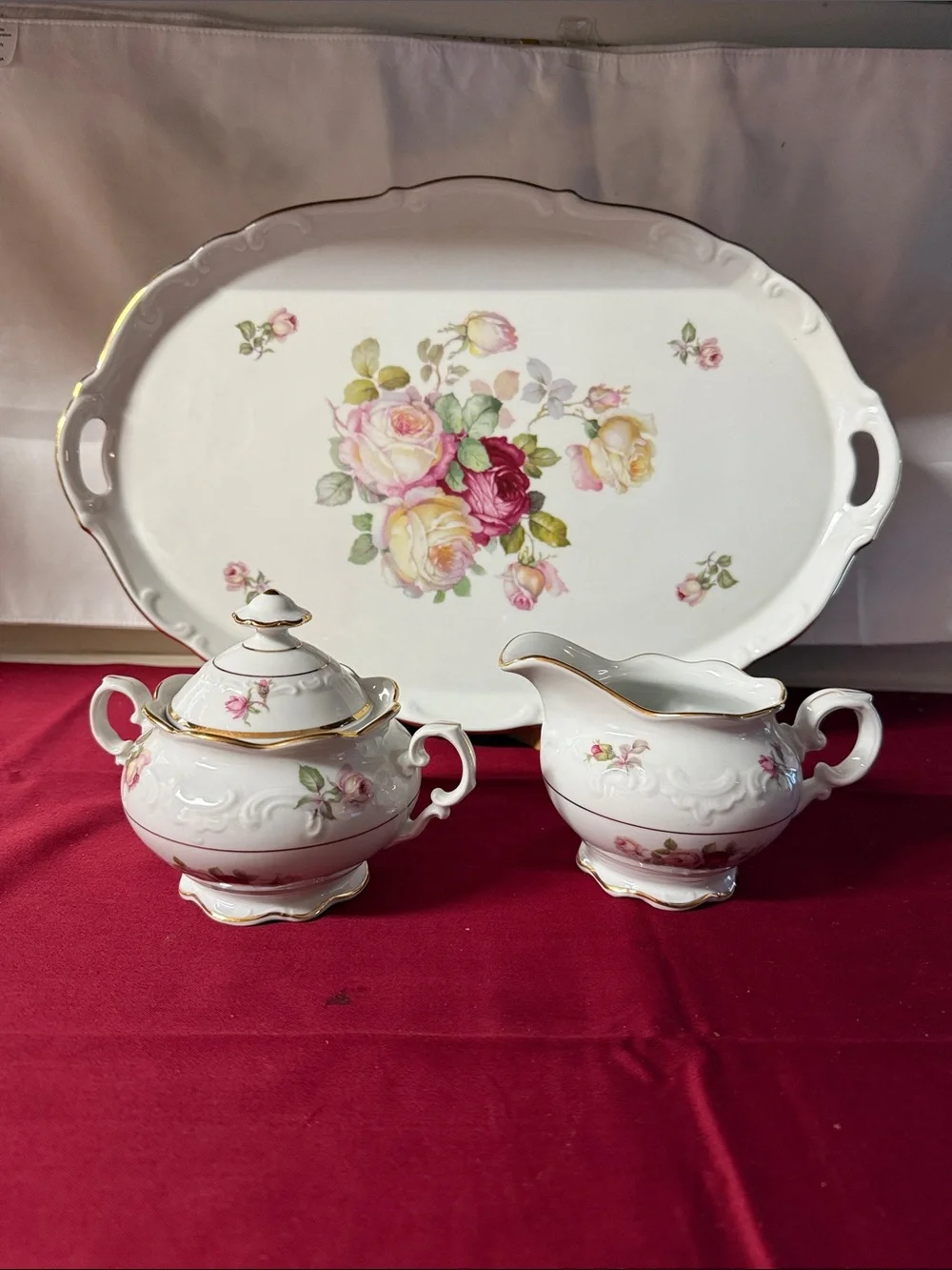 Fine Porcelain Rose Creamer and Sugar Set with Serving Tray - White and Pink